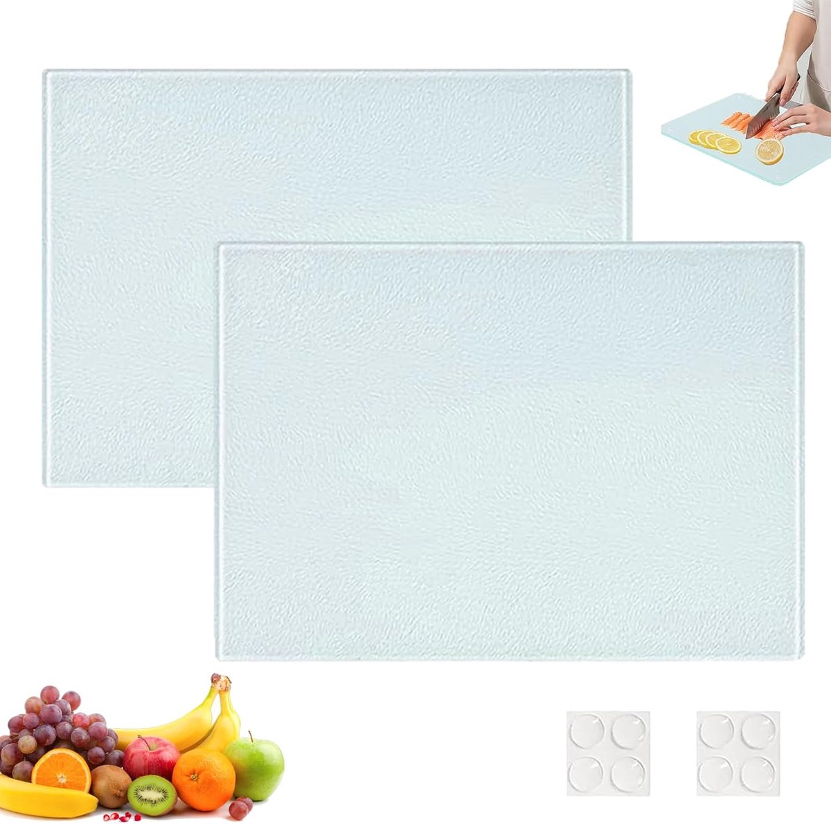 2 stuks snijplank van gehard glas, snijplank van gehard glas 28 x 20 cm, glazen snijplank, antislip rubberen voeten, zonder plastic, glazen snijplank, voor groenten, vlees, brood, groenten en fruit