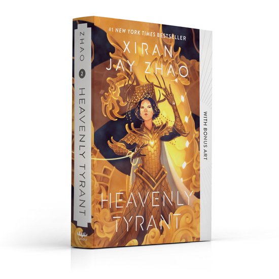 Boek "Heavenly Tyrant" van Xiran Jay Zhao, met een vrouw in gouden pantser, nummer 2 in de serie.