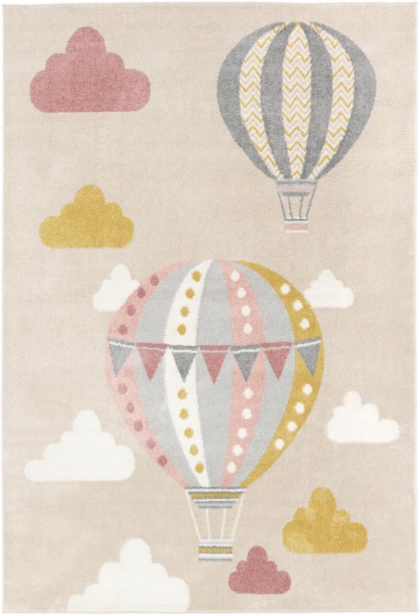 Balloon Ride, Kinderkleed, Moderne Kinderen, 140 x 200 cm, Rechthoekig, Middelpolig, Kinderkamer, Alleen chemisch reinigen, Zonder gevaarlijke chemicaliën, Beige/Roze