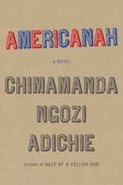 Boekomslag van "Americanah" door Chimamanda Ngozi Adichie, met rode en blauwe letters op een beige achtergrond.
