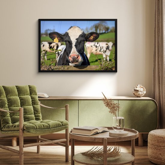 Poster in lijst - Fotolijst 90x60 cm - Posters - Koe - Hek - Gras - Dieren - Posterlijst zwart - Decoratie - Wanddecoratie woonkamer - Muurdecoratie slaapkamer