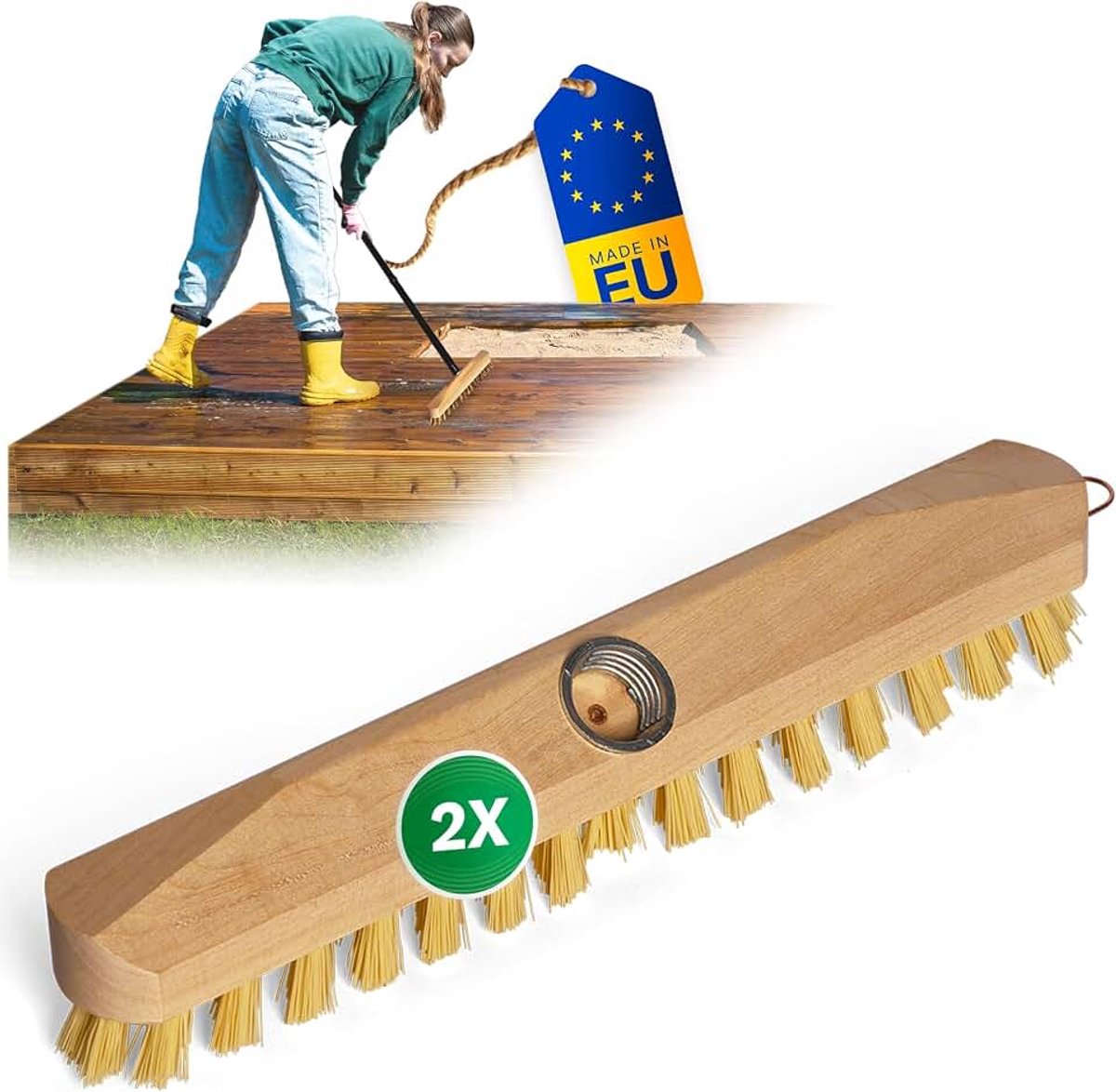 2 x ruitenwisser van hout met kunststof borstelharen met schroefdraad, PPN vloerborstel, ideaal voor het reinigen van balkon, terras, tuin, binnen en buiten, schrobber zonder steel
