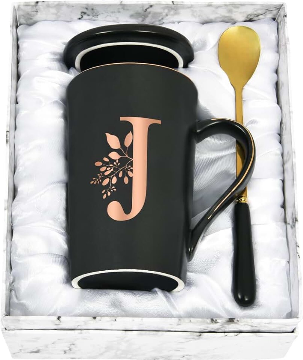 Gepersonaliseerde mok met letters, koffiemok met bloemenmotief, naam en initiaal, persoonlijke geschenken, koffiemok voor vrouwen, vriendin, J - 400 ml, zwart