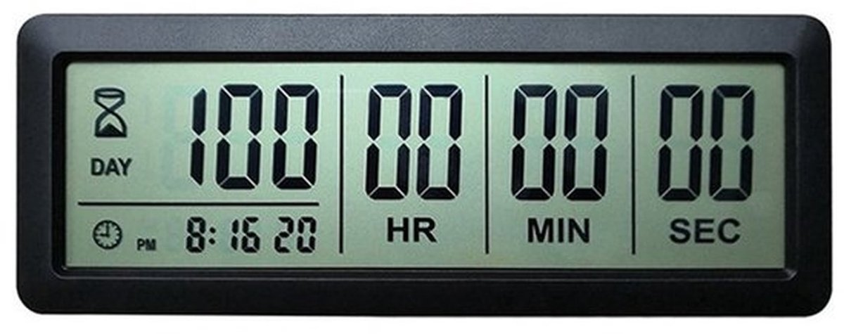 Digitale afteltimer in zwart, verbeterde versie met groot scherm en 99 dagen weergave, geschikt voor vakanties, pensioen en bruiloften.