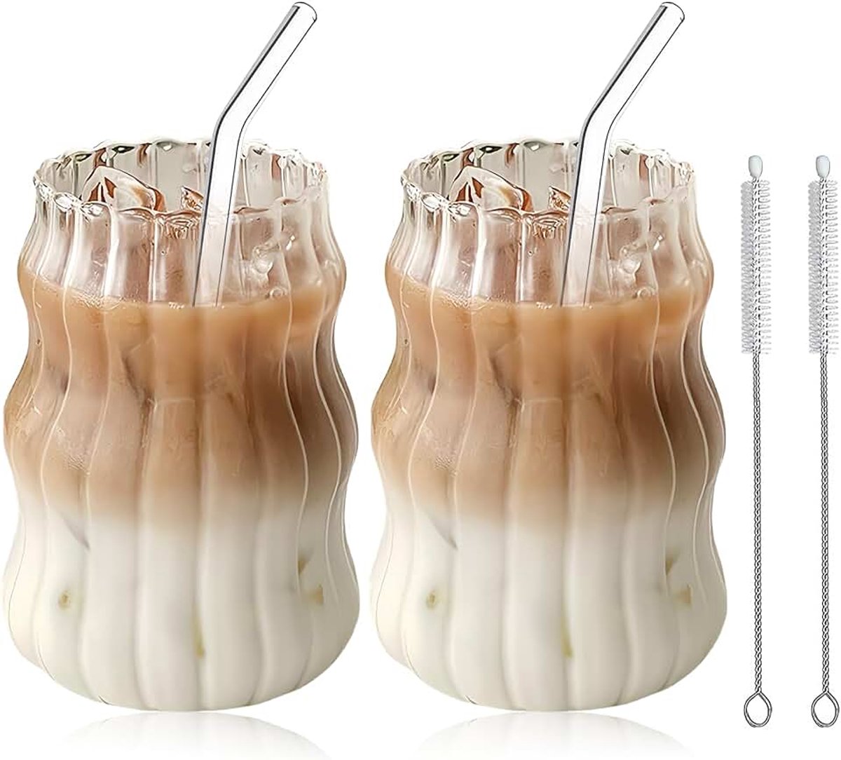 2 stuks gegolfde waterglazen koffiekopjes espressokopjes drankglazen met 2 rietjes 2 rietjes voor koffie thee cappuccino melk bier espresso 530 ml