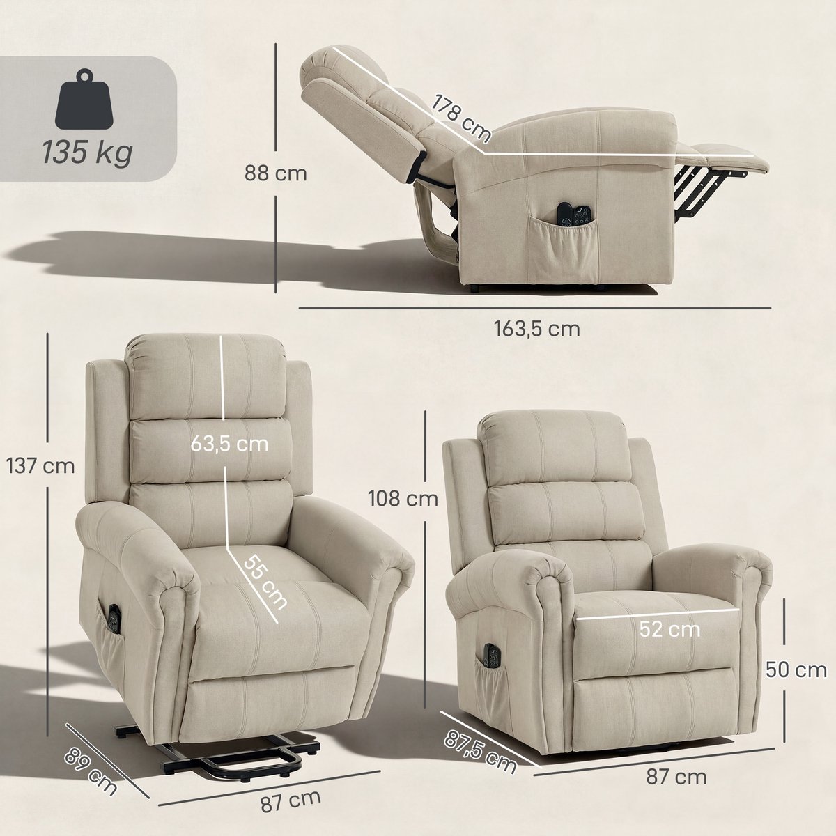 Elektrische sta-op-fauteuil, elektrische relaxfauteuil met massage- en verwarmingsfunctie, 87 x 87,5 x 108 cm, beige – foto 5