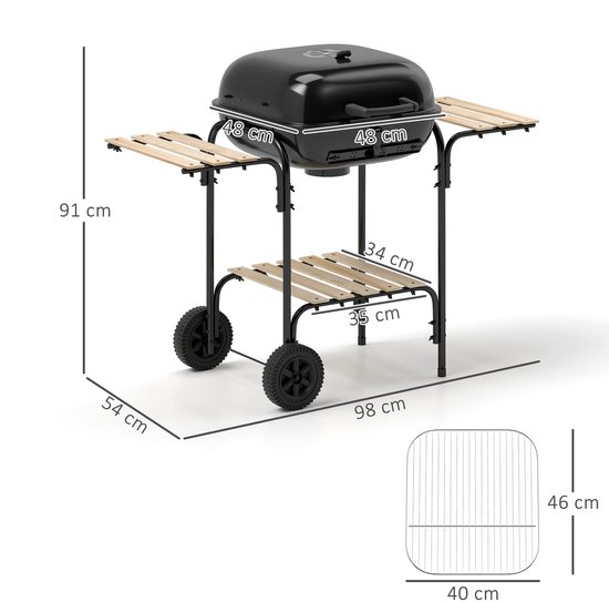 Houtskoolbarbecue van staal, barbecuewagen met afsluitbaar deksel, grillrooster, wielen, handgreep, houten legplank, 98 x 54 x 91 cm, zwart — afbeelding 4