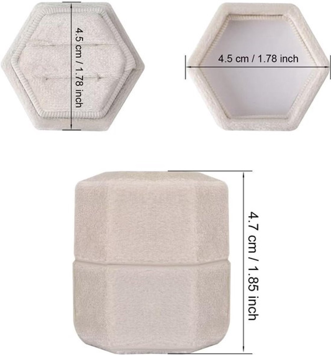 Fluwelen ringdoos voor sieraden, huwelijksaanzoek, dubbele sleuven, zeshoekige ringopberger, beige kleur.