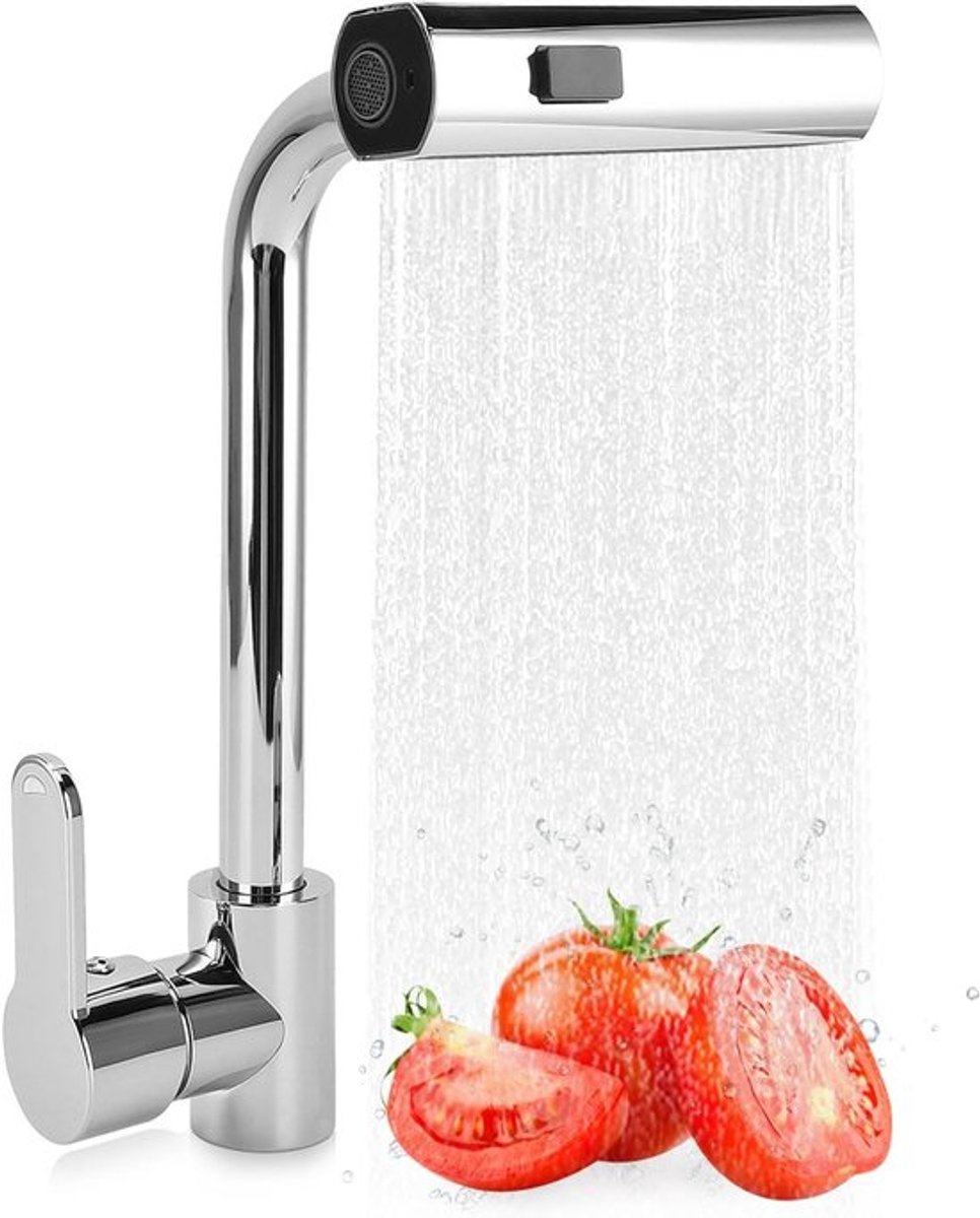 Koperen Waterfall Keukenmengkraan met 3 Waterstanden en 360 Graden Draaifunctie voor de Keukenspoelbak, Enkele Handgreep 31 X 14 X 19 Cm