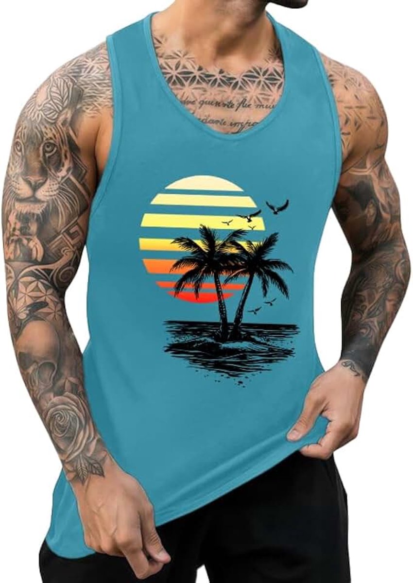 Tanktop voor heren, katoen, bedrukt, mouwloos shirt, zomer, Hawaïhemd, losse tanktop