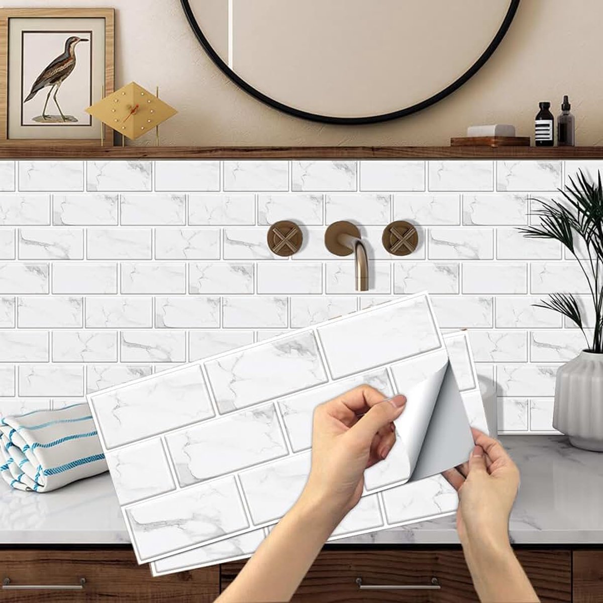 Tegelstickers, BYLife 12 stuks pel-en-plak behang transfers sticker voor keuken badkamer zelfklevende vinyl spatwand wandtegel voor woondecoratie 15x30 cm