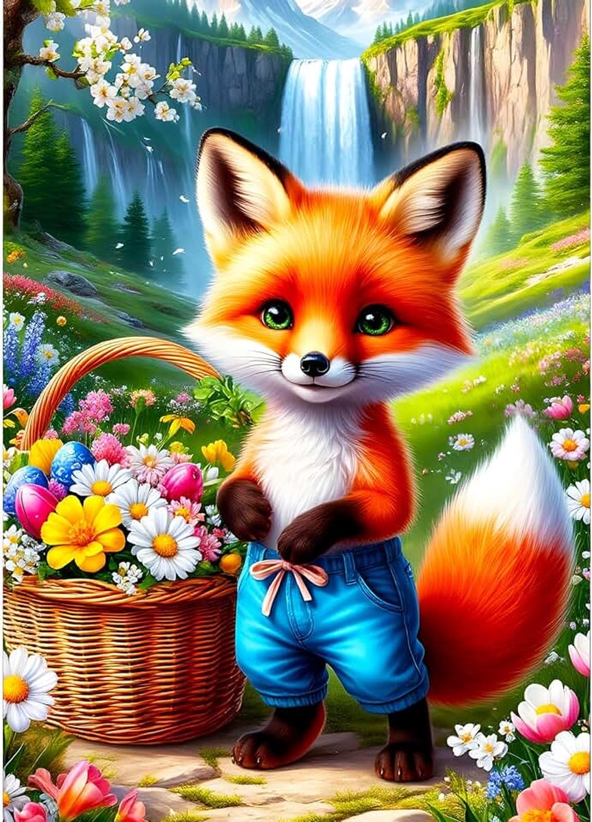 Doe-het-zelf schattige vos 5D diamant kunst kits, ronde volledige boor wilde bloemen waterval diamant schilderij foto, landschap schilderen op nummer kunst kits voor volwassenen beginners thuis