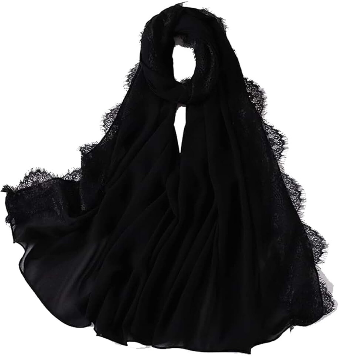 Sjaal stola chiffon hoofddoek met kant licht zacht lange halsdoeken mode elegant hoofd wrap sjaal chiffon cape dames chiffon sjaal voor het hele jaar door 70 x 175 cm zwart
