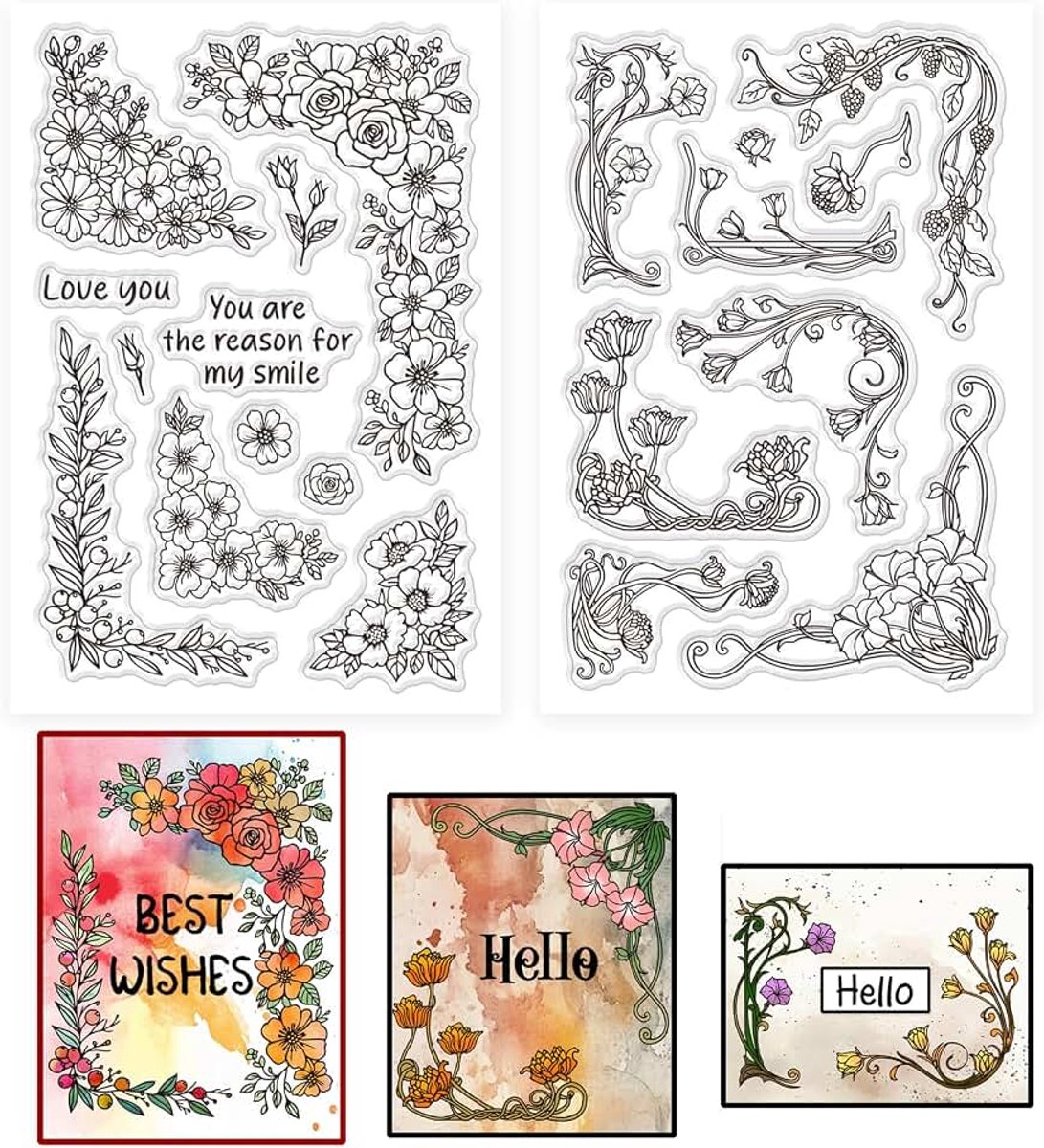 2 vellen krans, hoeken, stempelset voor scrapbooking, bloemen, planten, siliconen stempel, tornlier, madeliefjes, transparante stempelset voor het maken van kaarten, doe-het-zelf reliëf