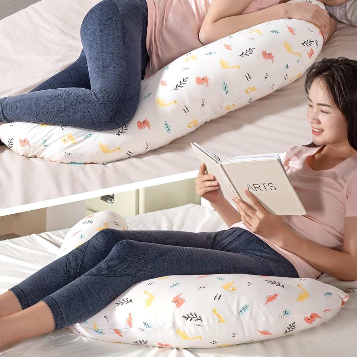 L-vormig lichaamskussen met afneembare hoes van 100% katoen, 99 cm (39 inch) converteerbaar zwangerschapskussen, knopen tot voedingskussen voor borstvoeding, ruimtebesparend zijslaapkussen