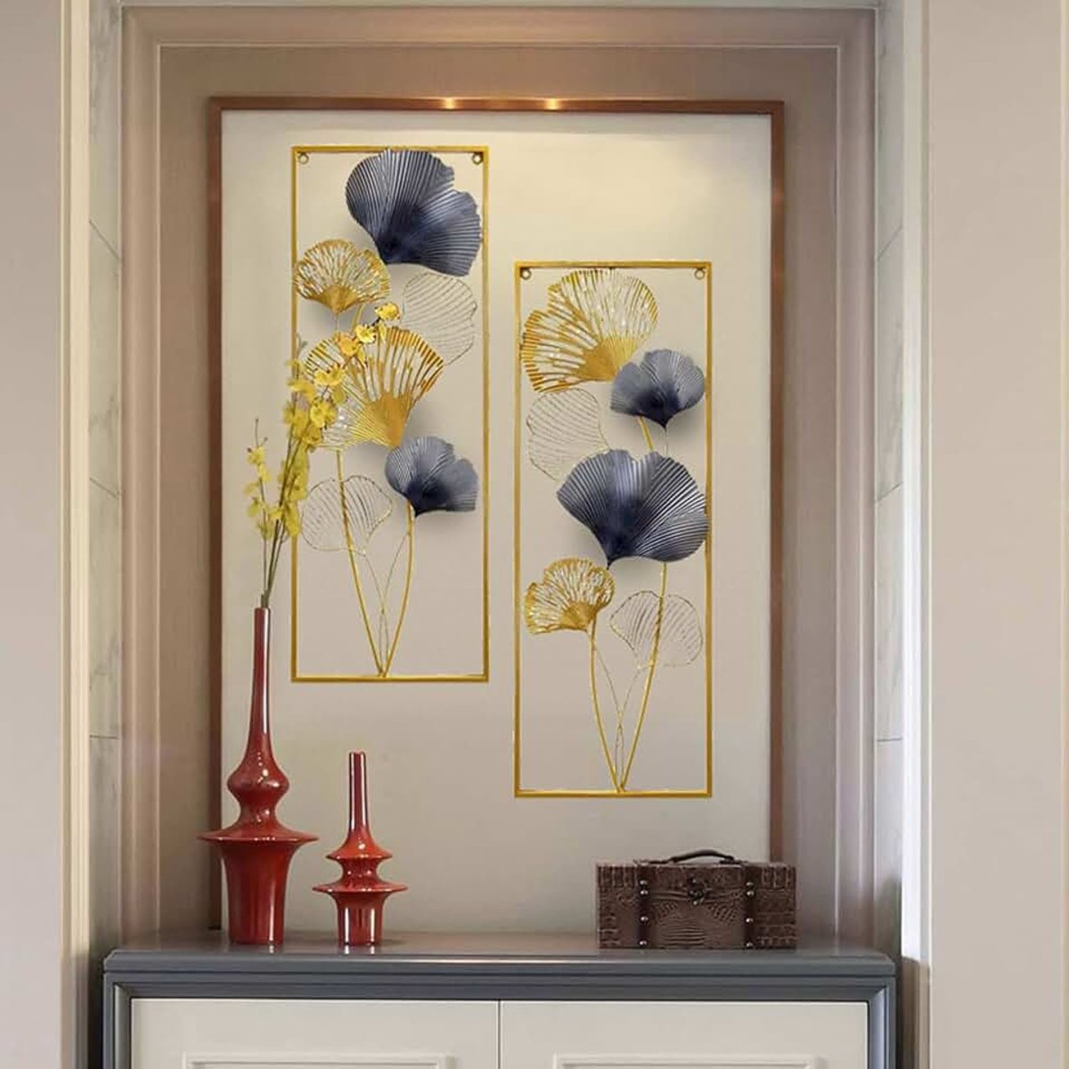 Set van 2 metalen 3D Ginkgo wanddecoratie Golden Ginkgo Biloba muurbehang sculpturen wanddecoratie woonkamer decoratie