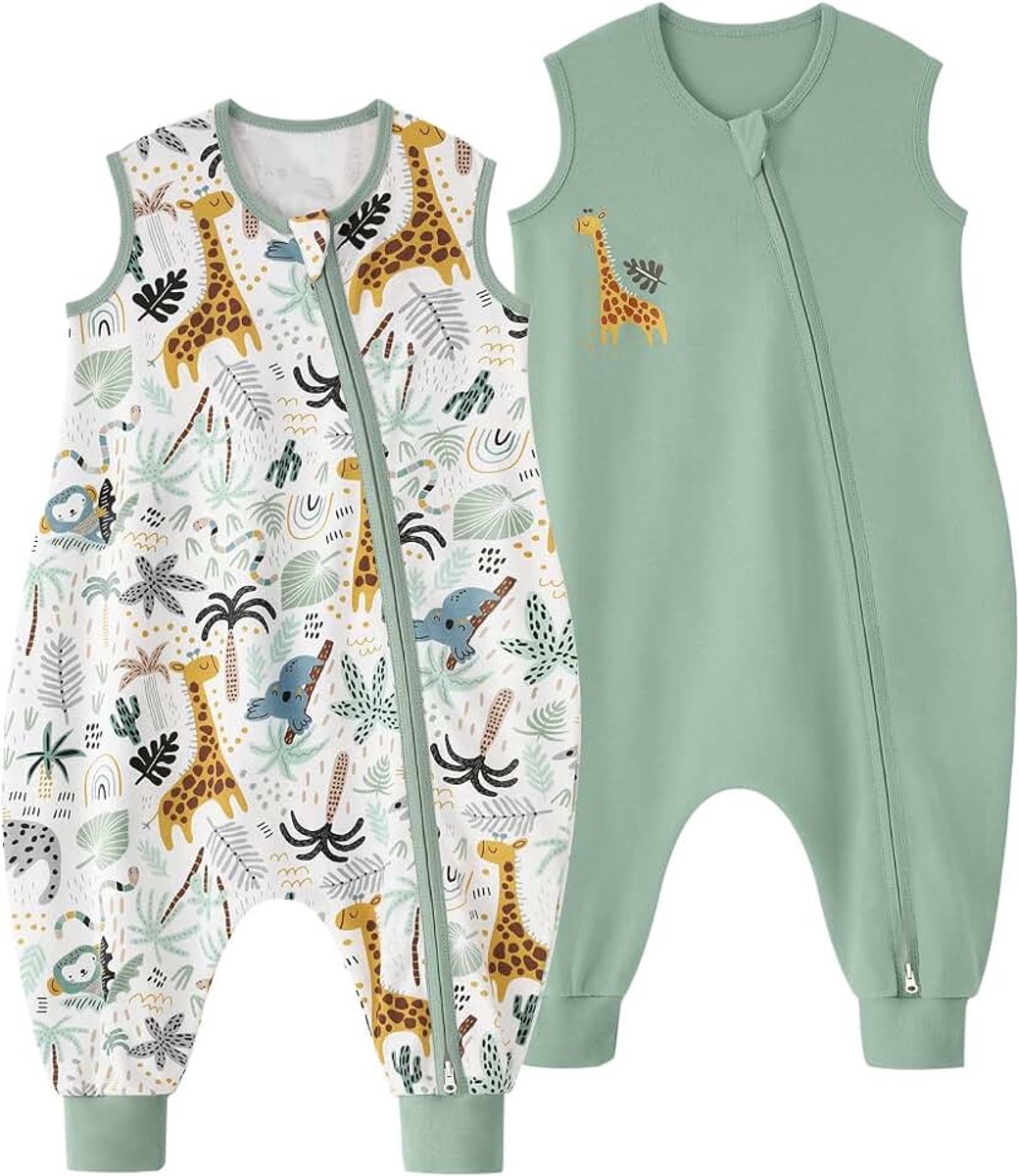 Set van 2 babyslaapzak voor de zomer, met voeten, 100% katoen, zomerslaapzak, 0,5 TOG
