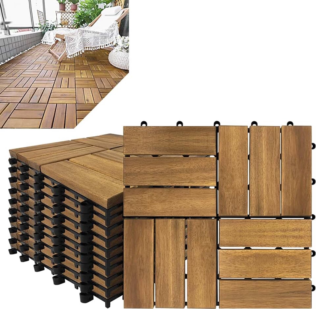 Houten Tegels, Terras & Balkon Tegels met Kunststof Afvoerrooster, Click System Houten Tegelset, op Maat Gesneden Vloertegels voor Patiotuin (2m² / 22 Stuks, Type B)