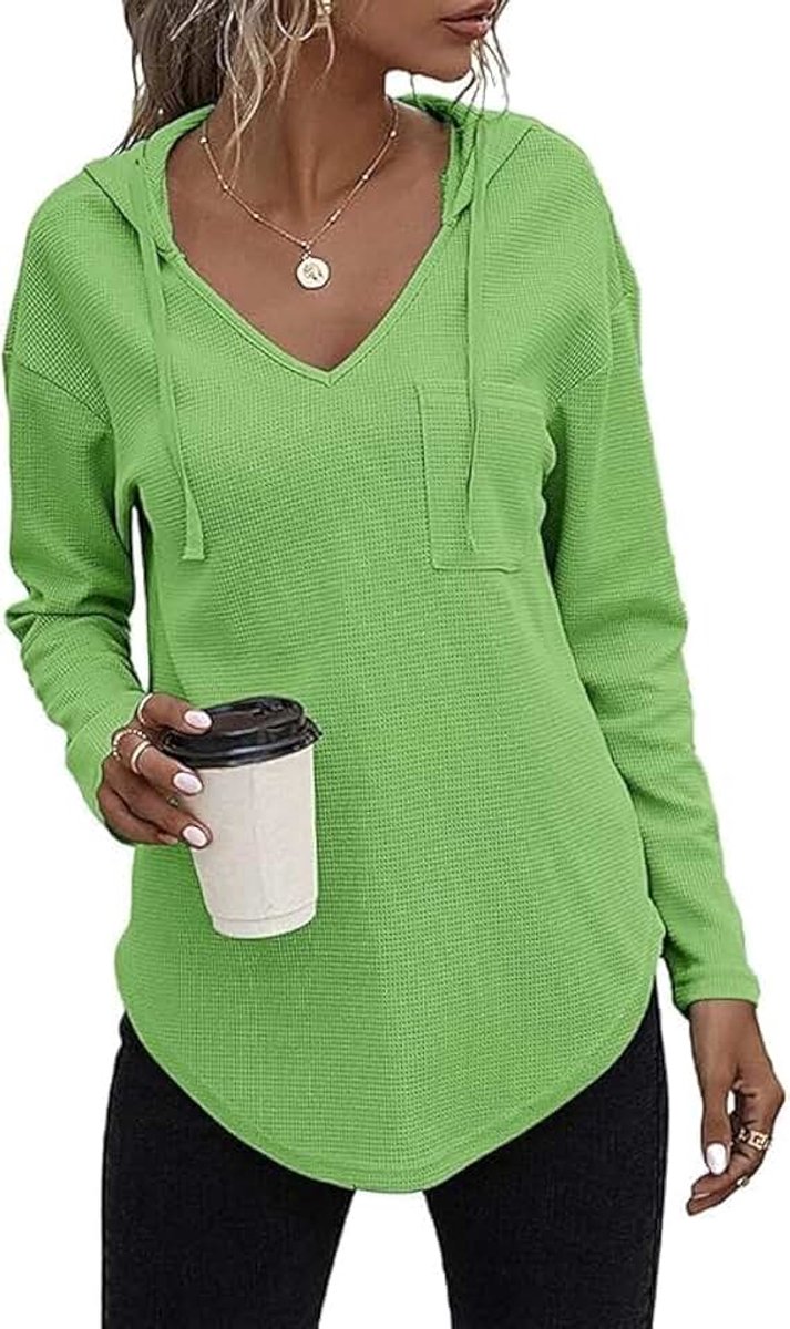 Pullover, dames, hoody, lange mouwen, V-hals, sweatshirt, effen, trekkoord, top