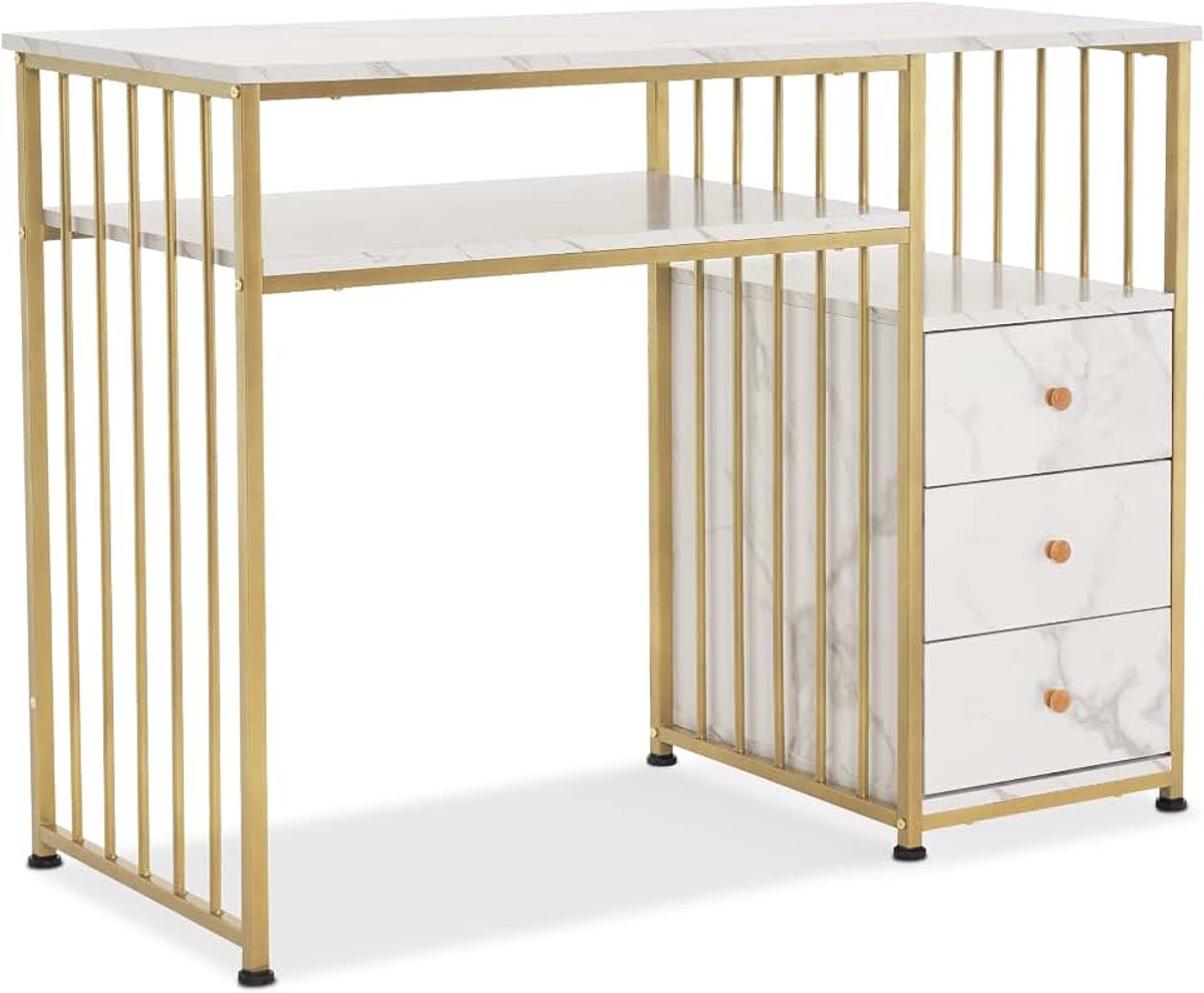 MCombo bureau met laden, kaptafel zonder spiegel marmer-wit goud, nageltafel van hout metalen frame, computer bureau woonkamer modern, 109 x 45.5 x 81cm, 2407 (wit)