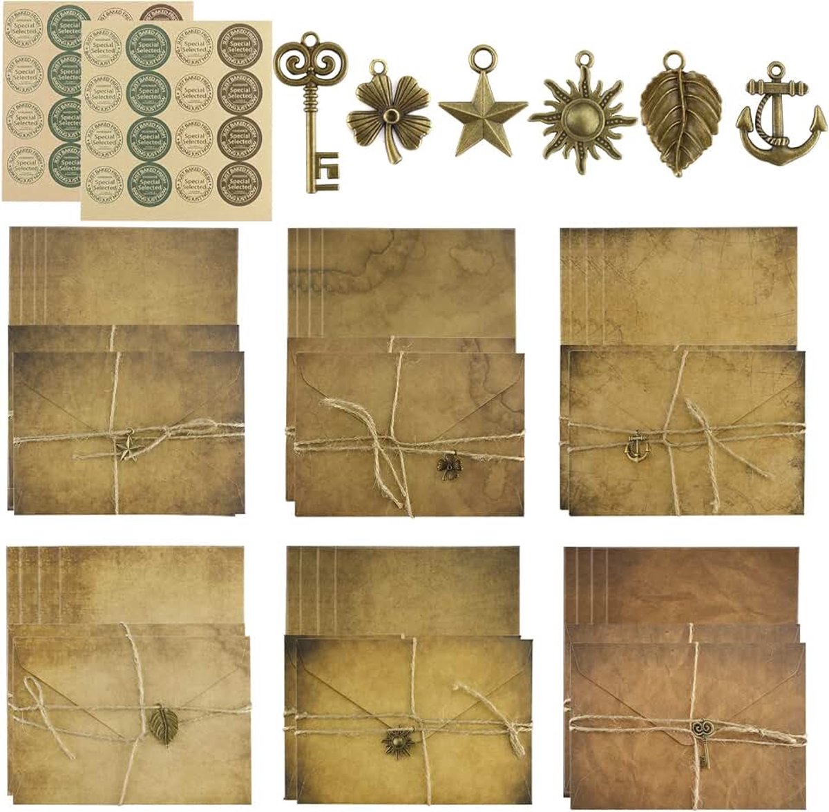 Set met enveloppen en antiek papier – 12 vintage enveloppen, 24 kraftpapier, 12 henneptouwen, 12 retro knoppen en 2 stickers