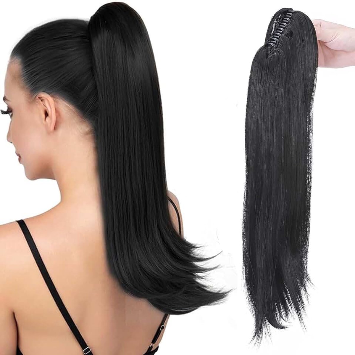 55 cm klauw aan paardenstaart-extensies, krullende clip-in extensies, golvend, synthetische haarverlenging, vlecht, haarstukje, donker zwart