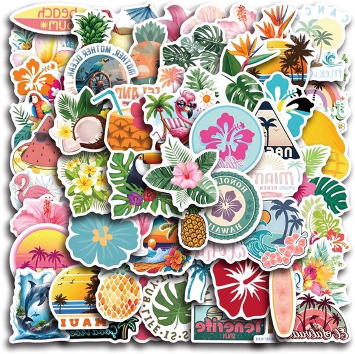 Tropische Stickers Set - 55 Stuks voor Laptop, Waterfles, Planner en Skateboard