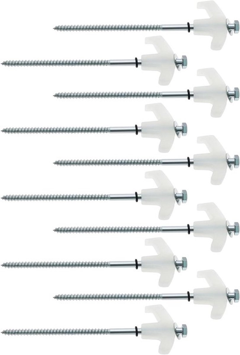 Tent haringen - Camping accessoires - Plastic hoofd - Spiraal nagels - T-hoofd - 200mm lengte - Gegalvaniseerde ijzer - Outdoor activiteiten - Gemaakt voor backpacken - Zilverkleurige haringen - 10 stuks - Schroef in staak tentpinnen