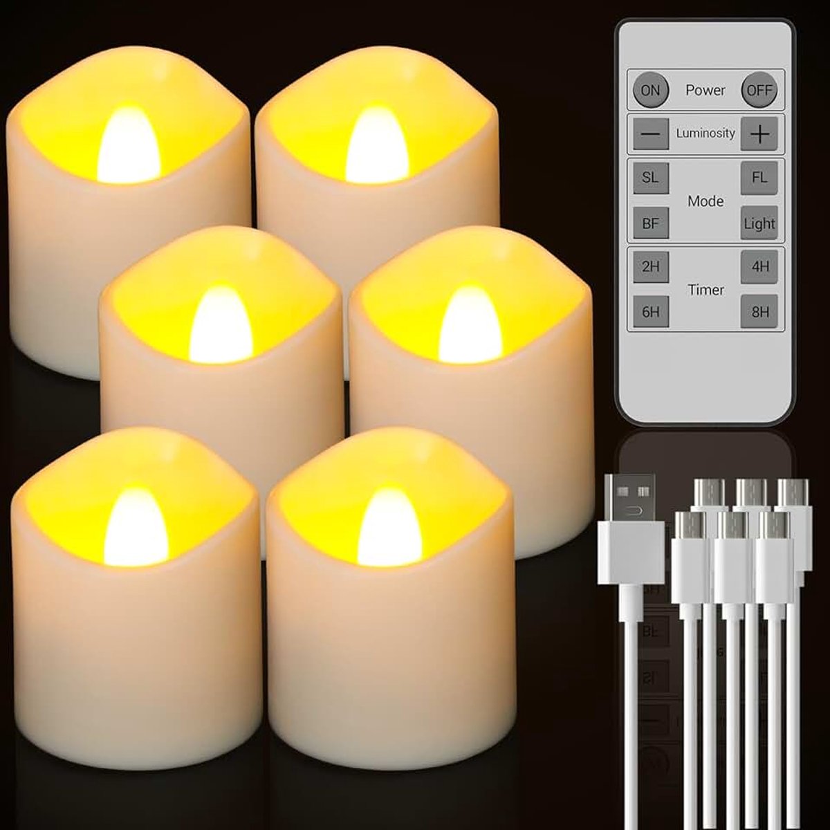 Led-theelichtjes, oplaadbaar met timer, afstandsbediening, 6 stuks, elektrische ledkaarsen, oplaadbaar, flikkerende vlam met timerfunctie, oplaadkabel voor woonkamer, kamer, decoratie