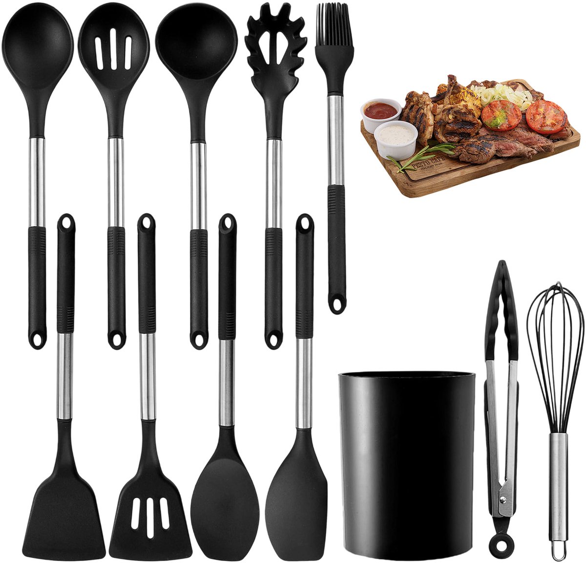 Wishdor Keukengerei Set 12-Delig - Siliconen Spatel & Lepel Set Zwart - Met RVS Handvat en Houder - Hittebestendig tot 230°C - Kookgerei Set