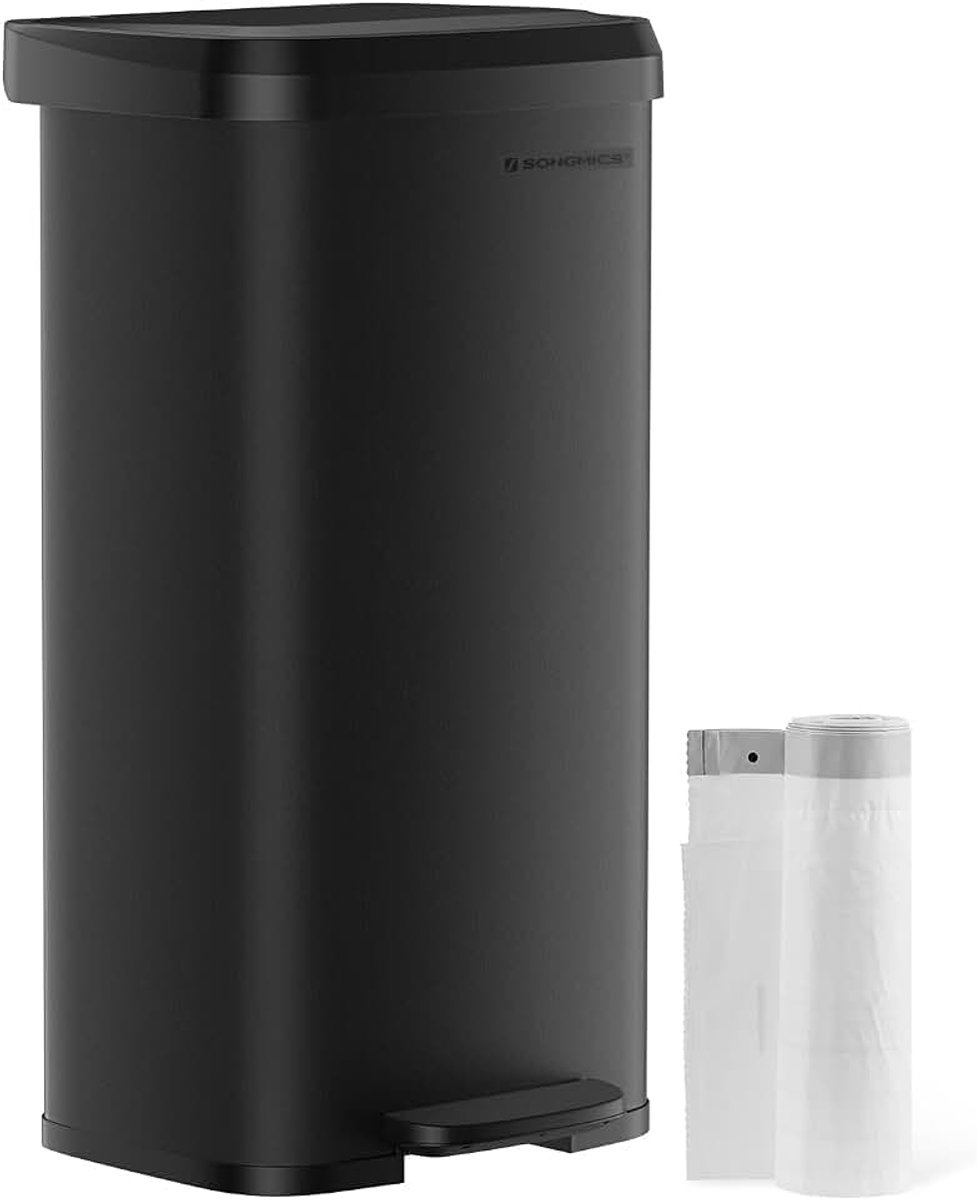 Vuilnisemmer voor keuken, 68 liter afvalemmer, pedaalemmer van metaal, met deksel, hoog, smal en ruim, zwart LTB520B6802