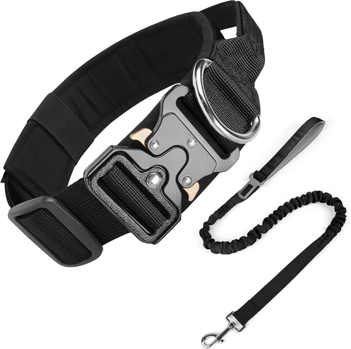 Hondenhalsband met handvat, verstelbare halsband voor militaire honden, van polypropyleen met metalen gesp, gevoerd, tactische hondenhalsband (hondenhalsband + hondenriem, zwart, XL)
