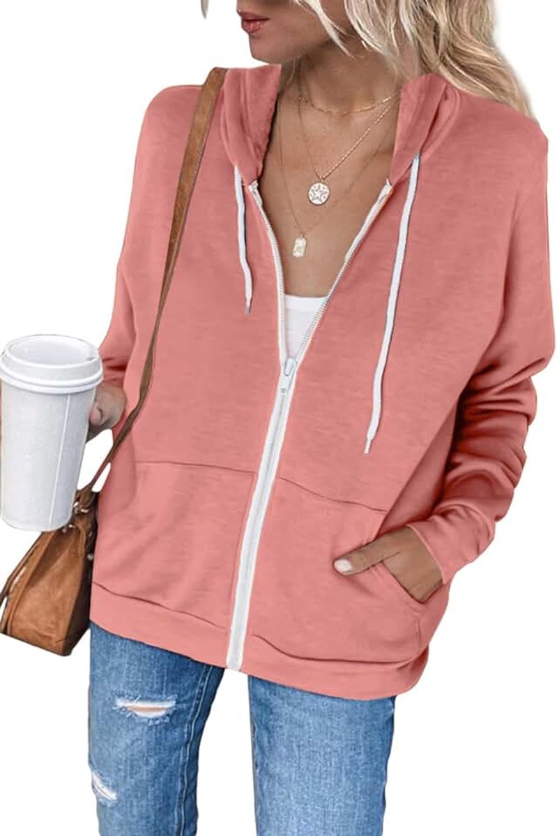 Dames sweatjack hoodie sweatshirtjack pullover bovenstuk capuchon effen full zip casual hoodie sweatshirt