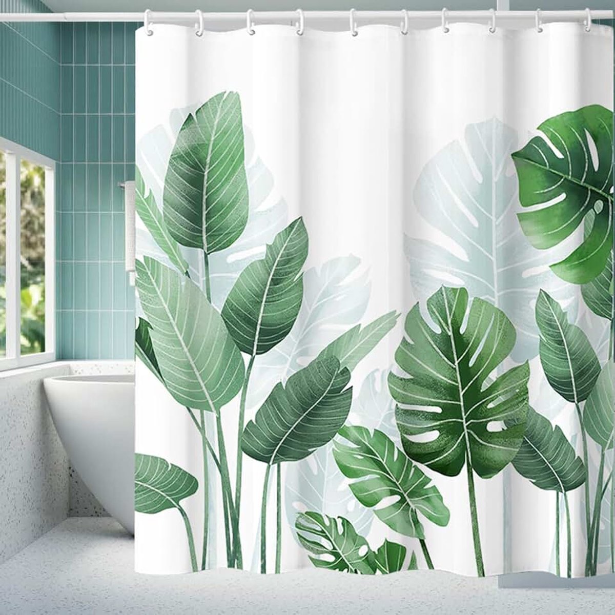 Douchegordijn met groen bananenblad, verdikt douchegordijn van polyester met 3D tropisch plantenpatroon, inclusief 12 haken, 180 x 200 cm wasbaar badgordijn voor badkamer hoteldecoratie