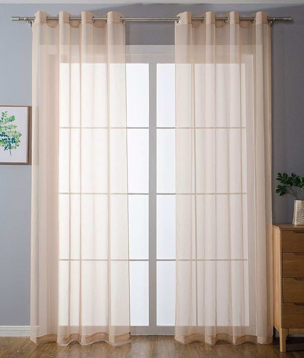 203322 Set van 2 gordijnen met inslagringen, transparant, voor woonkamer, voile, gordijn met ogen, loofband, H x B 245 x 140 cm, zand