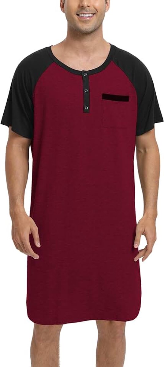Nachthemd voor heren, pyjama-tops, T-shirt, knielang, V-hals, met knopen, korte mouwen, binnenkleding, zacht, comfortabel, grote maat M-4XL