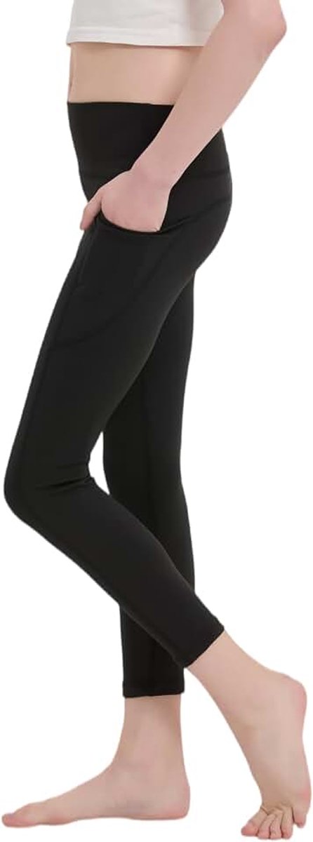 Leggings voor meisjes, zwart, 9/10 met zakken, sportlegging voor kinderen, lange sportbroek voor dagelijks gebruik en schoolsport, verpakking van 1, 2 of 3 stuks