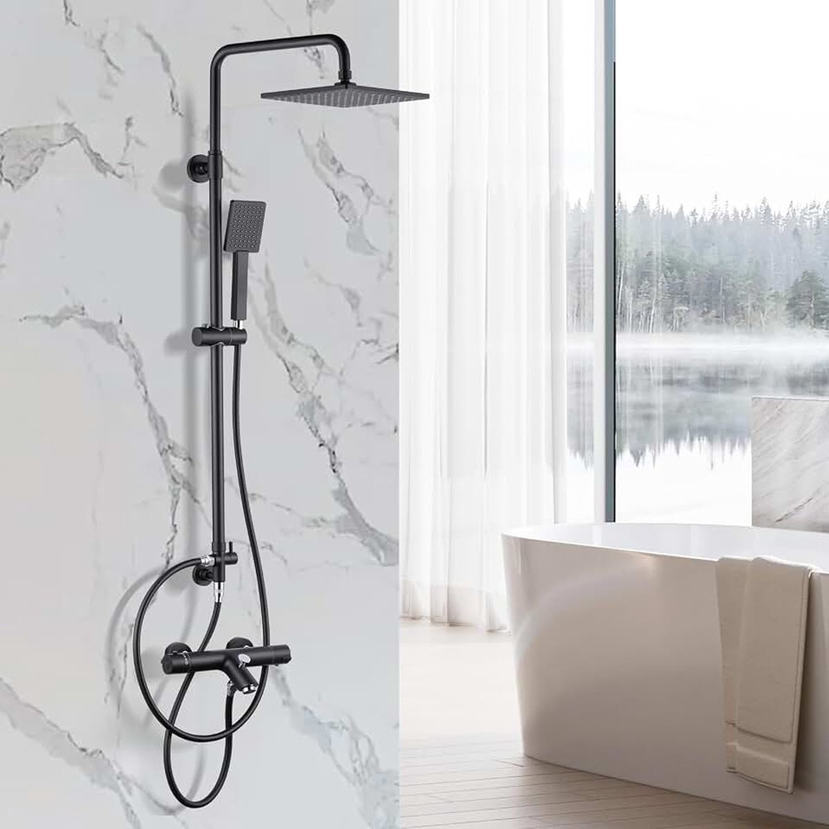 Douchesysteem met thermostaat, zwart, complete set met 23 cm hoekige regendouche, constante watertemperatuur van 38 °C, handdouche met 2 straalsoorten en badkraan