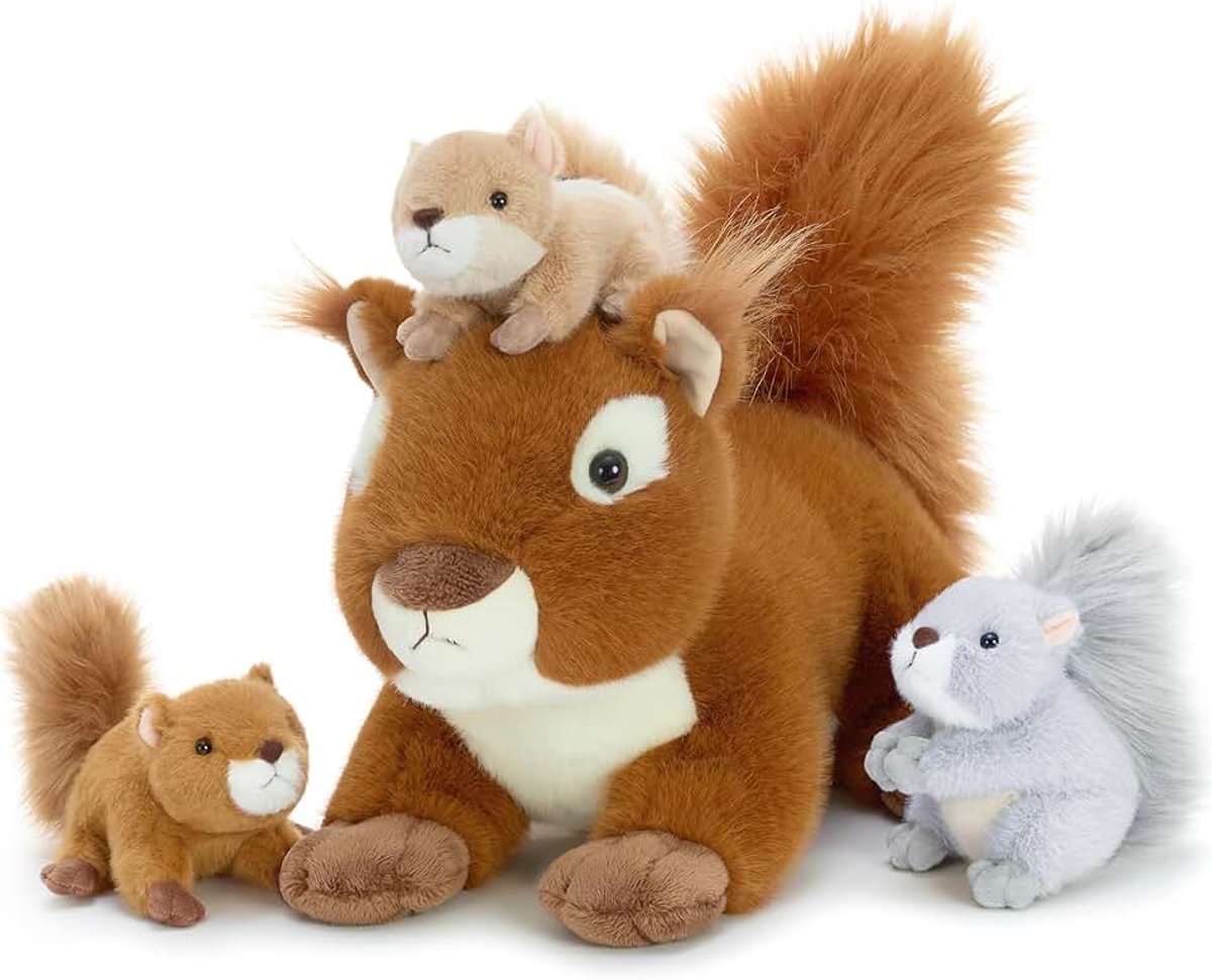 Grote eekhoorn Teddy Knuffel, 45 cm mama met 3 knuffelige baby binnen, gigantische pluizig knuffeldier, realistisch Kawaii pluche cadeau voor kinderverjaardag
