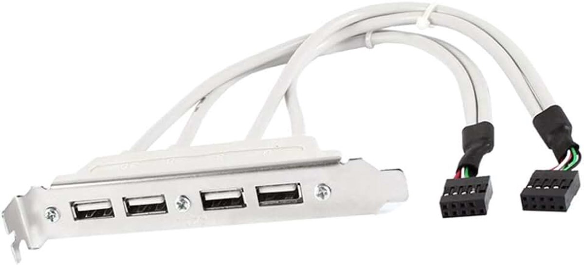 USB 2.0 slotplaat - 2 x 9-pins moederbord header naar 4 x bussen, verlengkabel voor pc-behuizing, inclusief PCI-sleufafdekking