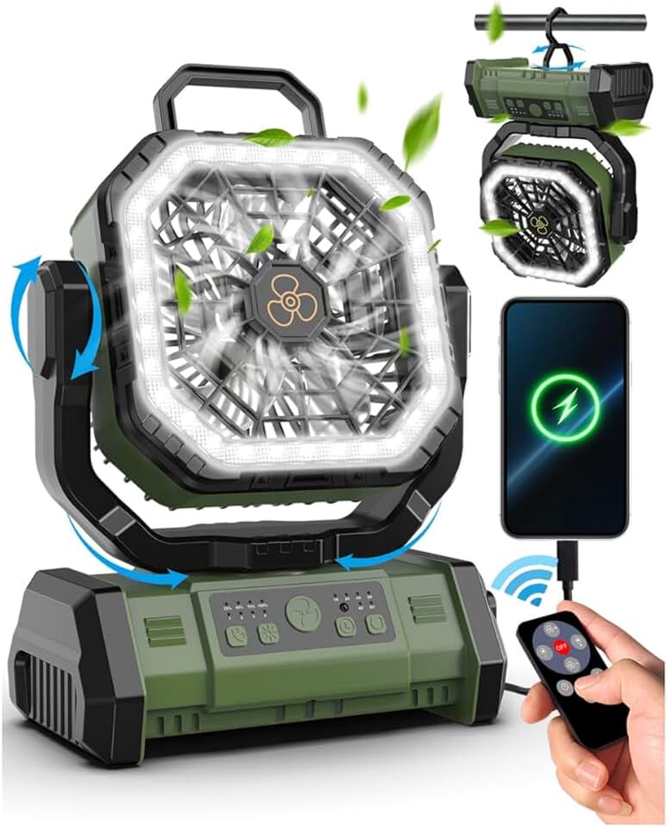 Camping-ventilator 20.000 mAh met afstandsbediening, 4 snelheden, 1/2/4/8-timer, stille slaapmodus, 45°/90°-oscillatie, oplaadbare ventilator voor tentvakanties, noodgevallen