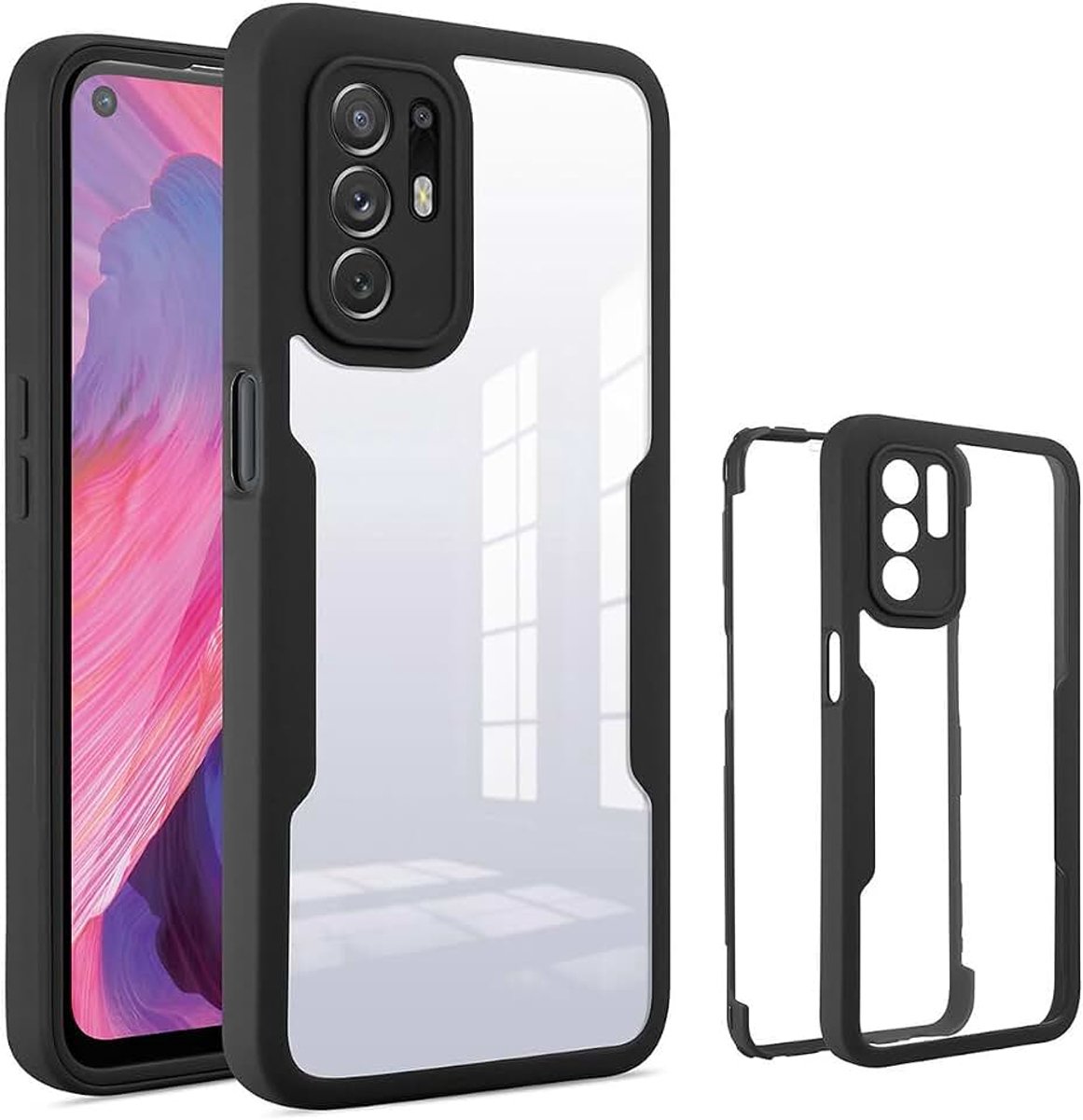 Transparant hoesje voor OPPO A94 5G, 360° volledig schokbestendig hoesje van militaire kwaliteit met ingebouwde schermbeschermer, ultradunne PC + zachte TPU-bumperhoes. Zwart