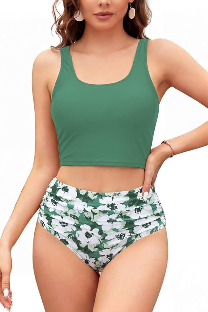 Tankini voor dames, tweedelige buikweg-badmode, badpak, tankini-top en hoge taille, zwembroek, beachwear