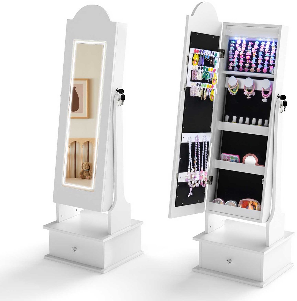 COSTWAY Sieradenkast voor kinderen, 2-in-1 spiegelkast, afsluitbaar, met 3 gekleurde full-body spiegel, 4 ledlampen en lade, sieradenorganizer, kantelbaar, voor kinderkamer (wit)