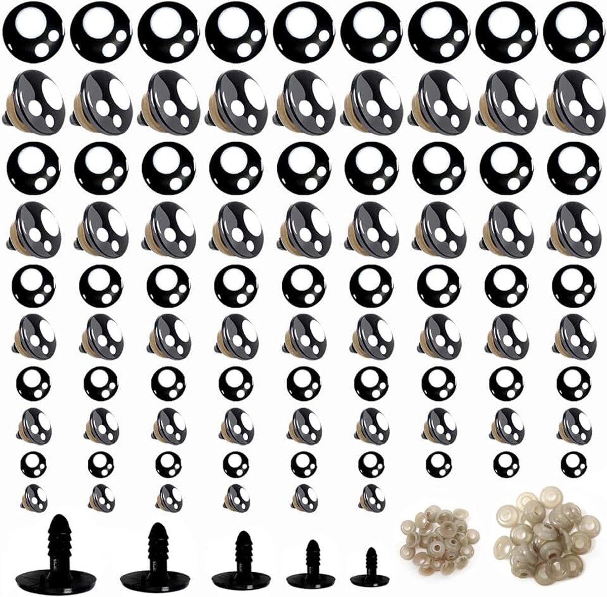 Ogen van kunststof, zwart, poppenogen, met 60 sluitringen, 8 mm, 10 mm, 12 mm, 14 mm, 16 mm, voor knutselen, knutselen, poppenspel, pluche dieren