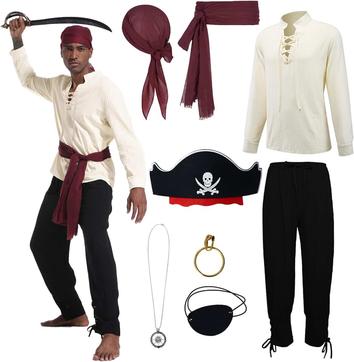7-delig piratenkostuum voor volwassenen en mannen, piratenkostuum accessoires met renaissance-shirt, broek, hoofddoek, riem, voor Halloween cosplay feest