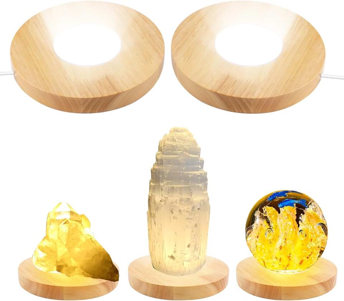 Led-lichtsokkel van hout, rond, voor 3D-kristalglas, aroma-steenkunst, met 3 lichtmodi, warmwit, neutraal, USB-kabel (12 cm)