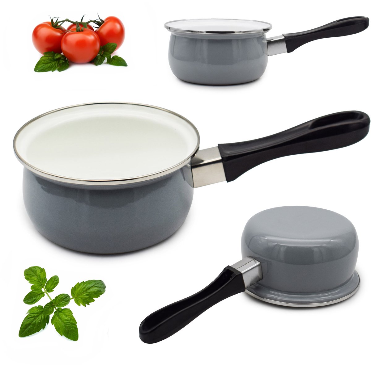 Gietijzeren Emaille Steelpan 1.3L - 16cm - Grijs met Handvat