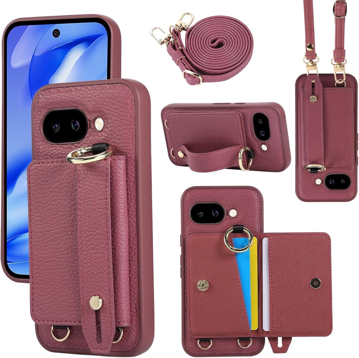 Case voor Google Pixel 9a hoes, crossbody met portemonnee en kaartsleuven, ringstandaard, handlus, portemonnee, telefoonhoes, dun, leren hoes voor Google Pixel 9a, bordeauxrood