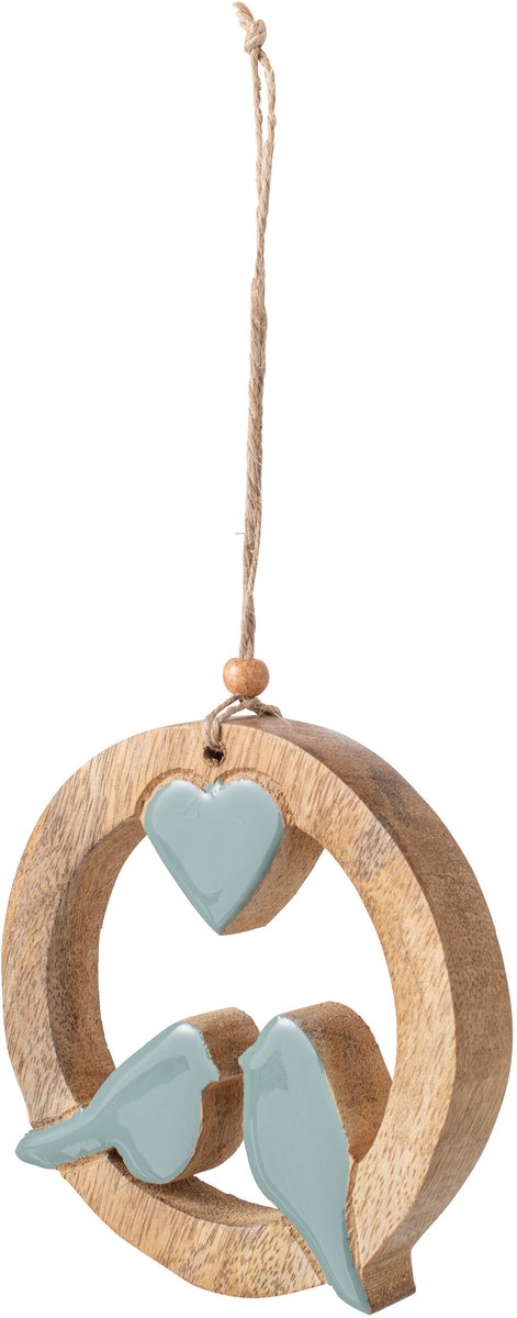 J-Line Hangende vogels met hart - mangohout - naturel/turquoise - small - set van 6